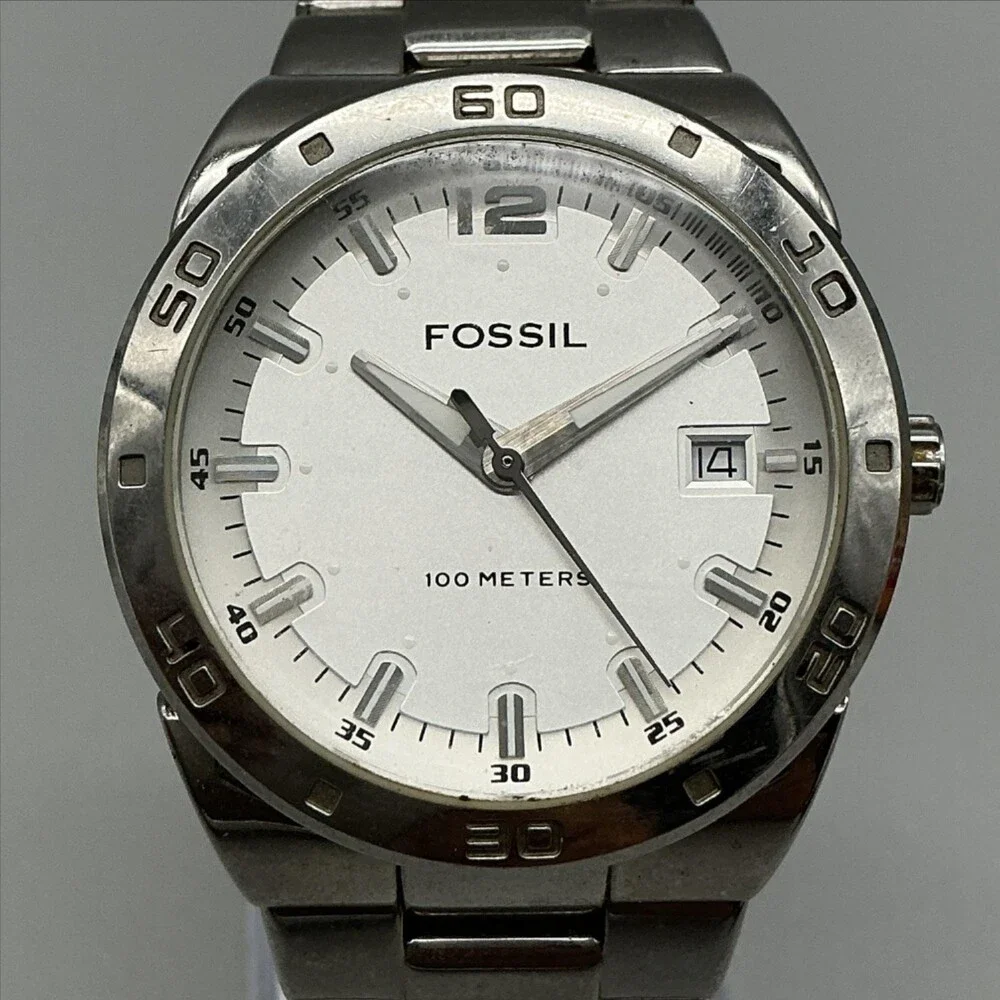 Fossil Blue Mens Watch 39mm Silver Tone Stainless Steel Date New Battery 6.5